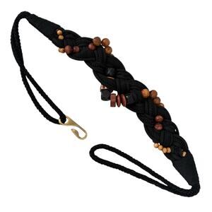 Vintage Y2K Boho Braided Rope Belt Wood Beads Black Adjustable Hook Belt